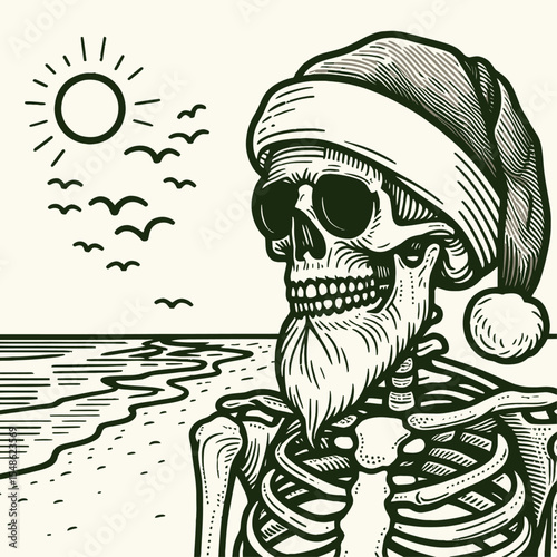  Skeleton wear santa hat Beach trip. Christmas Xmas Holiday Winter New Year Claus Clipart Line Art Vector Illustration. Bony figure don festive headwear at coast outing vacation.