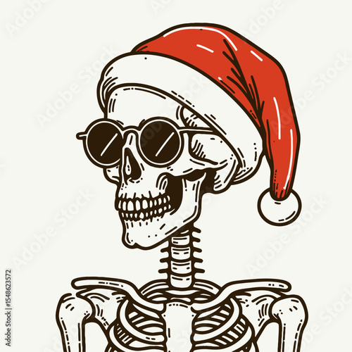  Skeleton wear santa hat Beach trip. Christmas Xmas Holiday Winter New Year Claus Clipart Line Art Vector Illustration. Bony figure don cap coastal getaway fun under sunlight.