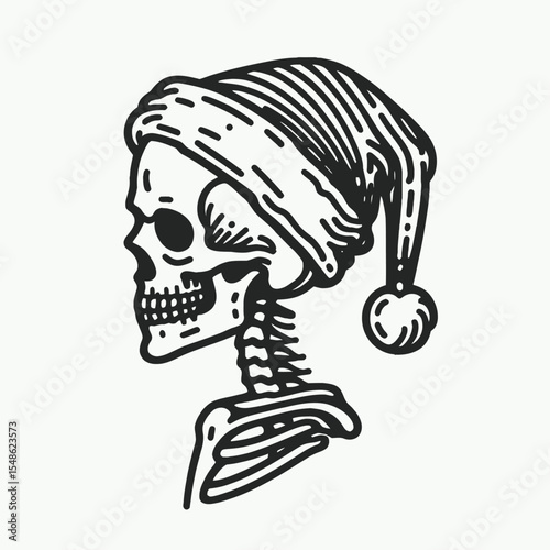  Skeleton wear santa hat Camping. Christmas Xmas Holiday Winter New Year Claus Clipart Line Art Vector Illustration. Bony figure in headgear outdoor adventure nature.