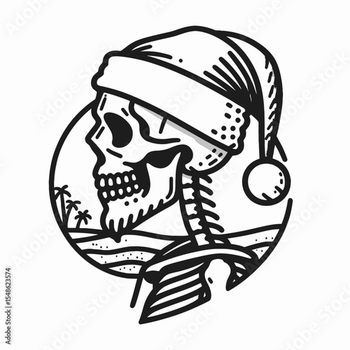  Skeleton wear santa hat Beach trip. Christmas Xmas Holiday Winter New Year Claus Clipart Line Art Vector Illustration. Bony figure in cap at shore outing costume by the sea.
