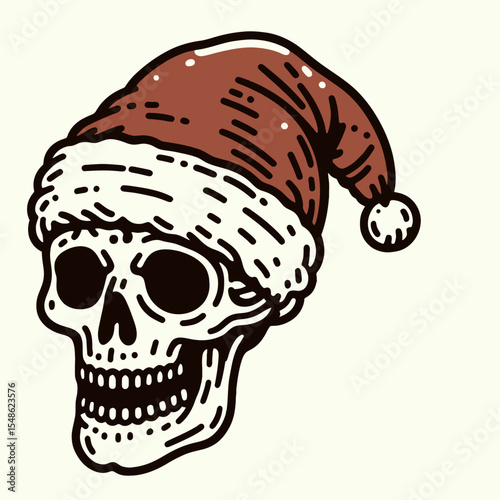  Skeleton wear santa hat Camping. Christmas Xmas Holiday Winter New Year Claus Clipart Line Art Vector Illustration. Bony figure don cap outdoor journey.