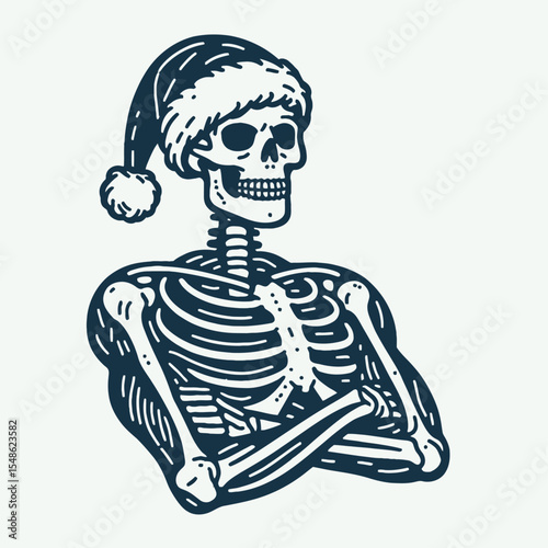 Skeleton wear santa hat crossing arms with a confident pose. Christmas Xmas Holiday Winter New Year Claus Clipart Line Art Vector Illustration. Bony figure in cap folded sure stance.