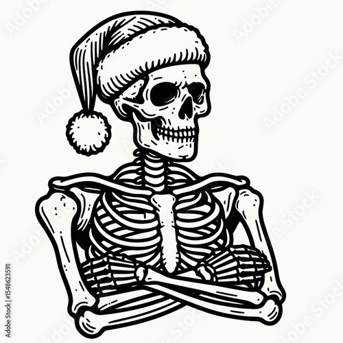  Skeleton wear santa hat crossing arms with a confident pose. Christmas Xmas Holiday Winter New Year Claus Clipart Line Art Vector Illustration. Bony figure in cap folded sure stance.