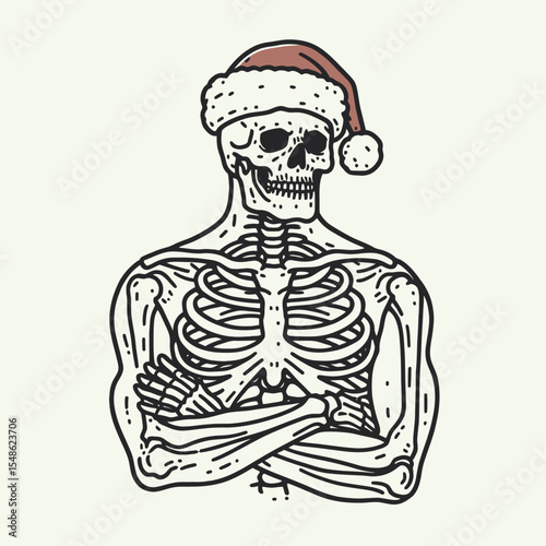 Skeleton wear santa hat crossing arms with a confident pose. Christmas Xmas Holiday Winter New Year Claus Clipart Line Art Vector Illustration. Bony figure in cap folded arm posture.