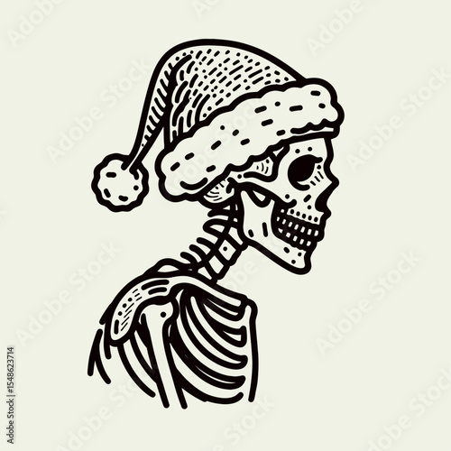  Skeleton wear santa hat Cycling. Christmas Xmas Holiday Winter New Year Claus Clipart Line Art Vector Illustration. Bony figure don festive headgear bicycle riding season enjoyment.