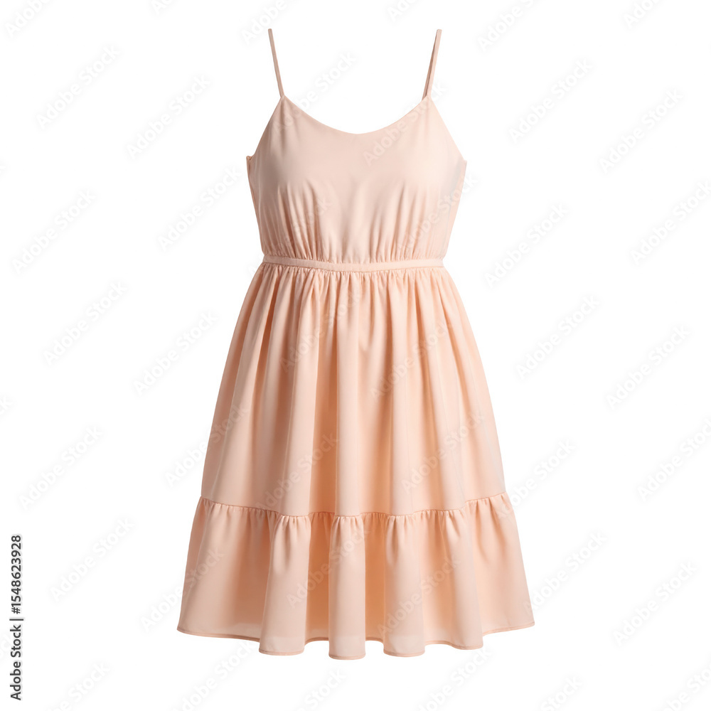 A simple, sleeveless, peach-colored dress with a gathered waist and a flared hemline. cut out. transparent background A simple, sleeveless, peach-colored dress with a gathered waist and a flared hemline. cut out. transparent background