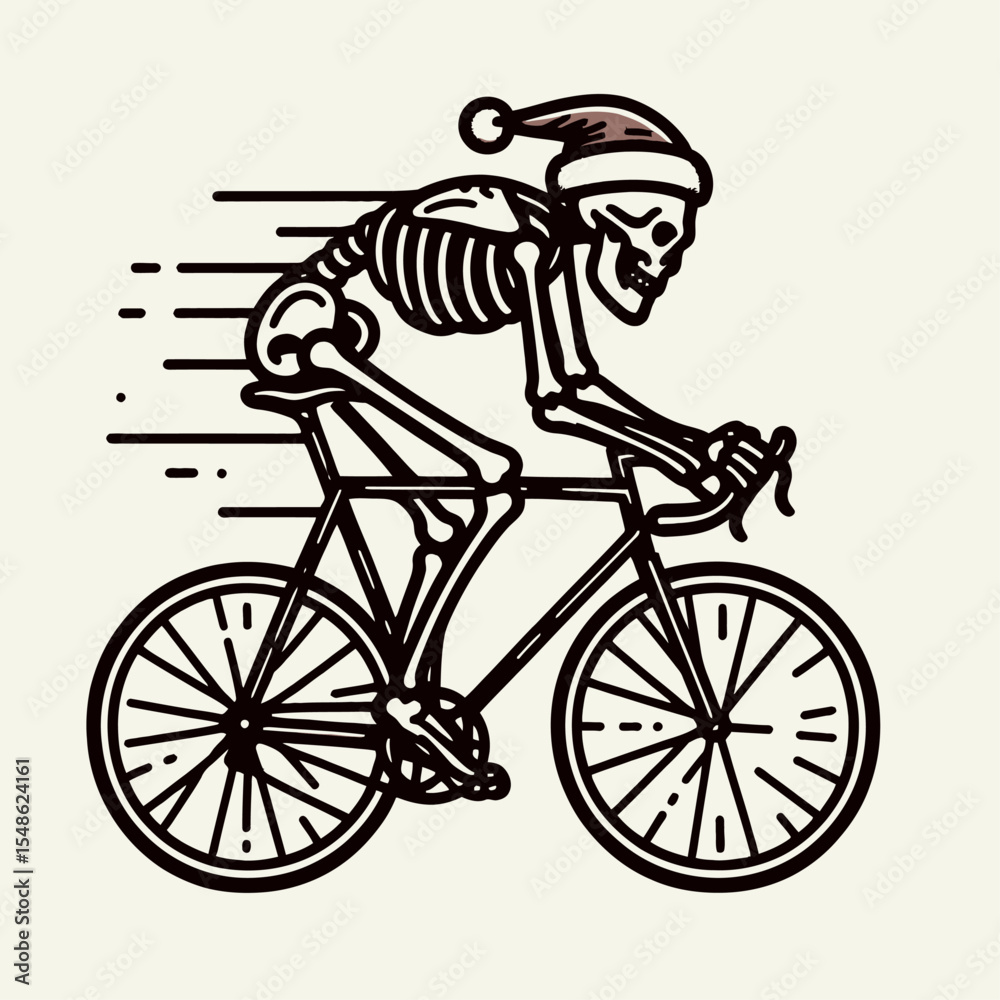 Fototapeta premium Skeleton wear santa hat Cycling. Christmas Xmas Holiday Winter New Year Claus Clipart Line Art Vector Illustration. Bony figure don headgear biking activity bone man using cycle.