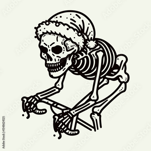  Skeleton wear santa hat Cycling. Christmas Xmas Holiday Winter New Year Claus Clipart Line Art Vector Illustration. Bony figure don headgear pedaling a cycle season motion.