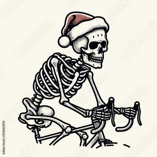  Skeleton wear santa hat Cycling. Christmas Xmas Holiday Winter New Year Claus Clipart Line Art Vector Illustration. Bony figure don festive headgear biking activity enjoyment.