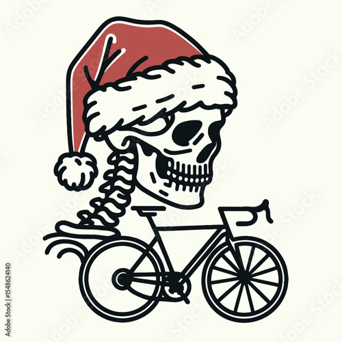  Skeleton wear santa hat Cycling. Christmas Xmas Holiday Winter New Year Claus Clipart Line Art Vector Illustration. Bony figure don headgear biking sport season activity.
