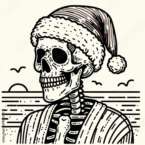  Skeleton wear santa hat Beach trip. Christmas Xmas Holiday Winter New Year Claus Clipart Line Art Vector Illustration. Bony figure don festive headgear. coastal travel. sunny seashore outing.