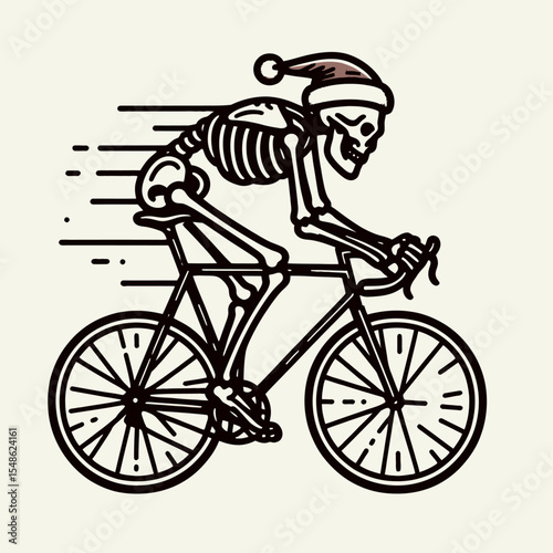  Skeleton wear santa hat Cycling. Christmas Xmas Holiday Winter New Year Claus Clipart Line Art Vector Illustration. Bony figure don headgear biking activity bone man using cycle.