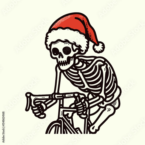  Skeleton wear santa hat Cycling. Christmas Xmas Holiday Winter New Year Claus Clipart Line Art Vector Illustration. Bony figure don headgear pedaling bicycle merry season activity.