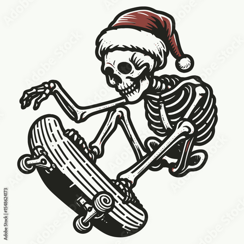  Skeleton wear santa hat doing a skateboard trick mid air. Christmas Xmas Holiday Winter New Year Claus Clipart Line Art Vector Illustration. Bone figure in headgear executes skate jump.