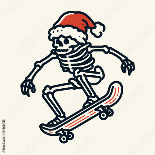 Skeleton wear santa hat doing a skateboard trick mid air. Christmas Xmas Holiday Winter New Year Claus Clipart Line Art Vector Illustration. Bony figure in headwear performing skate stunt.