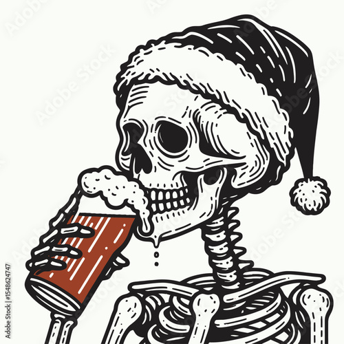  Skeleton wear santa hat drink beer. Christmas Xmas Holiday Winter New Year Claus Clipart Line Art Vector Illustration. Bone figure don festive headgear sip brew concept.