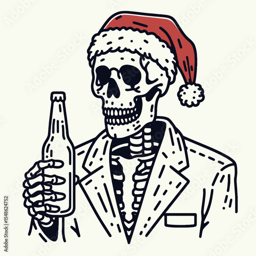  Skeleton wear santa hat drink beer. Christmas Xmas Holiday Winter New Year Claus Clipart Line Art Vector Illustration. Bony figure don cap having beverage festive time.
