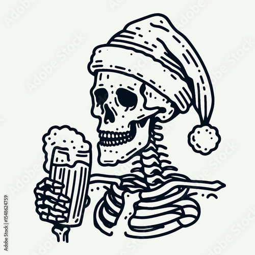  Skeleton wear santa hat drink beer. Christmas Xmas Holiday Winter New Year Claus Clipart Line Art Vector Illustration. Bony man don cap sip ale costume festive party design.