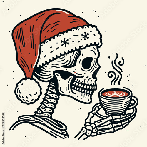  Skeleton wear santa hat drink coffee. Christmas Xmas Holiday Winter New Year Claus Clipart Line Art Vector Illustration. Bony figure don festive headgear savor morning beverage.