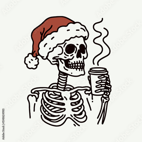  Skeleton wear santa hat drink coffee. Christmas Xmas Holiday Winter New Year Claus Clipart Line Art Vector Illustration. Skull adorn headgear sip java warm beverage.