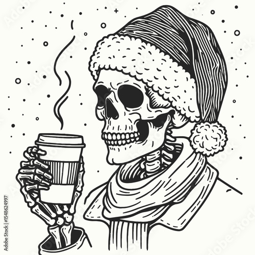  Skeleton wear santa hat drink coffee. Christmas Xmas Holiday Winter New Year Claus Clipart Line Art Vector Illustration. Bony figure with headwear enjoys morning beverage in spirit.