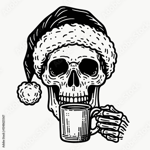  Skeleton wear santa hat drink coffee. Christmas Xmas Holiday Winter New Year Claus Clipart Line Art Vector Illustration. Bony figure don cap sip joe beverage.