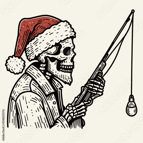  Skeleton wear santa hat Fishing. Christmas Xmas Holiday Winter New Year Claus Clipart Line Art Vector Illustration. Bony figure in headgear angling activity catch concept.