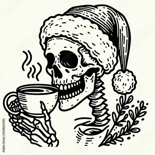  Skeleton wear santa hat drink coffee. Christmas Xmas Holiday Winter New Year Claus Clipart Line Art Vector Illustration. Bony figure festive headgear holding beverage having caffeine.