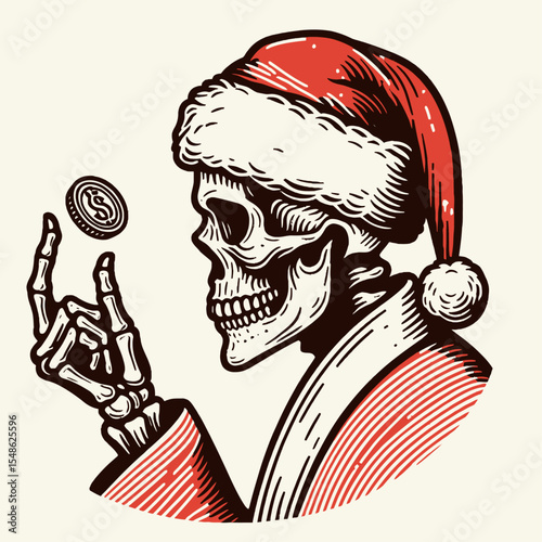  Skeleton wear santa hat flipping a coin with style. Christmas Xmas Holiday Winter New Year Claus Clipart Line Art Vector Illustration. Bony figure in yule cap tossing currency exhibiting.