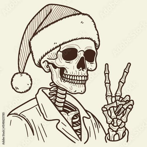  Skeleton wear santa hat giving a peace sign with one hand. Christmas Xmas Holiday Winter New Year Claus Clipart Line Art Vector Illustration. Bony figure don festive cap showing victory.