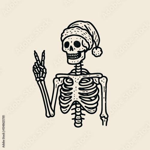 Skeleton wear santa hat giving a peace sign with one hand. Christmas Xmas Holiday Winter New Year Claus Clipart Line Art Vector Illustration. Bony figure don festive cap showing victory.
