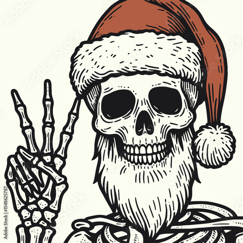  Skeleton wear santa hat giving a peace sign with one hand. Christmas Xmas Holiday Winter New Year Claus Clipart Line Art Vector Illustration. Bony figure don headgear display victory gesture.