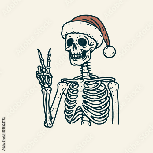Skeleton wear santa hat giving a peace sign with one hand. Christmas Xmas Holiday Winter New Year Claus Clipart Line Art Vector Illustration. Bony figure don headgear display victory gesture.