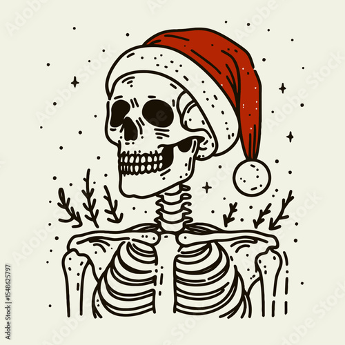  Skeleton wear santa hat Halloween. Christmas Xmas Holiday Winter New Year Claus Clipart Line Art Vector Illustration. Bony figure don cap spooky celebration.