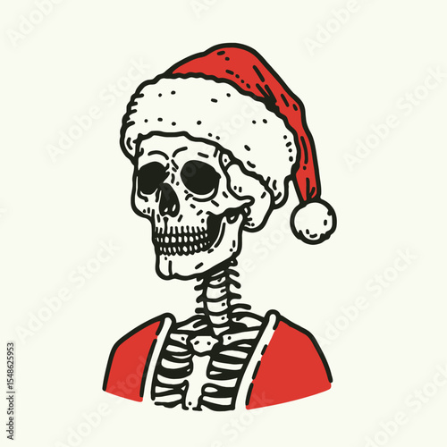  Skeleton wear santa hat Halloween. Christmas Xmas Holiday Winter New Year Claus Clipart Line Art Vector Illustration. Bony figure don festive headgear spooky season costume.