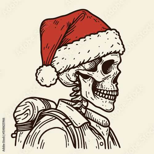  Skeleton wear santa hat Hiking. Christmas Xmas Holiday Winter New Year Claus Clipart Line Art Vector Illustration. Bony figure don festive headwear trek outdoor for season celebration.