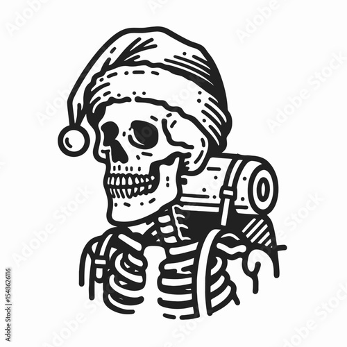  Skeleton wear santa hat Hiking. Christmas Xmas Holiday Winter New Year Claus Clipart Line Art Vector Illustration. Bony figure don headgear trek outdoor adventure.