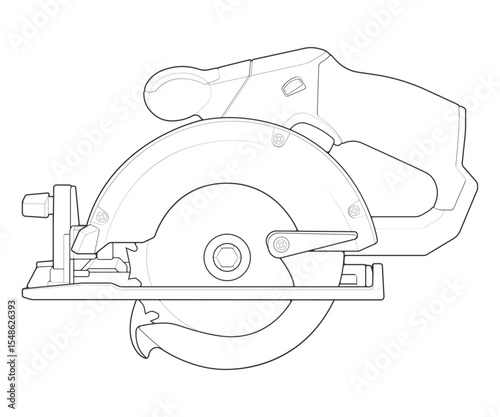 Outline vector Illustration of Circular Saw Power Tool – Cordless Handheld Electric Wood Cutter.
