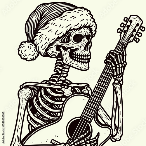  Skeleton wear santa hat holding a guitar ready to rock. Christmas Xmas Holiday Winter New Year Claus Clipart Line Art Vector Illustration. Skull adorn cap grip willing perform awesome music.