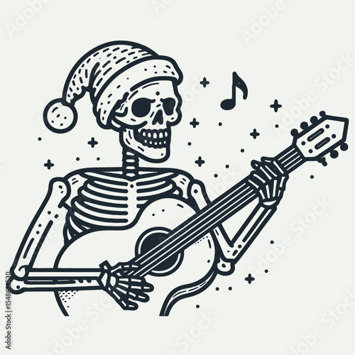 Skeleton wear santa hat holding a guitar ready to rock. Christmas Xmas Holiday Winter New Year Claus Clipart Line Art Vector Illustration. Skull adorn cap grip willing perform awesome music.
