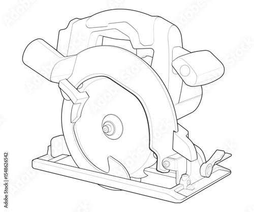 Outline vector Illustration of Circular Saw Power Tool – Cordless Handheld Electric Wood Cutter.
