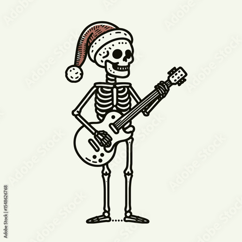 Skeleton wear santa hat holding a guitar ready to rock. Christmas Xmas Holiday Winter New Year Claus Clipart Line Art Vector Illustration. Bony figure in festive headgear music tool hand.