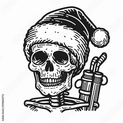  Skeleton wear santa hat Hiking. Christmas Xmas Holiday Winter New Year Claus Clipart Line Art Vector Illustration. Bony figure don cap trekking outdoor journey.