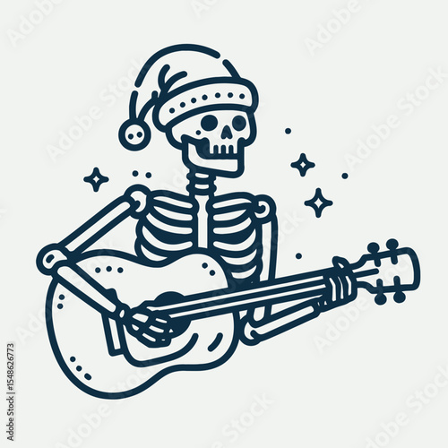 Skeleton wear santa hat holding a guitar ready to rock. Christmas Xmas Holiday Winter New Year Claus Clipart Line Art Vector Illustration. Bony figure don festive cap grip instrument.