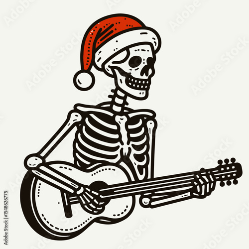  Skeleton wear santa hat holding a guitar ready to rock. Christmas Xmas Holiday Winter New Year Claus Clipart Line Art Vector Illustration. Bony figure in festive headgear music tool hand.