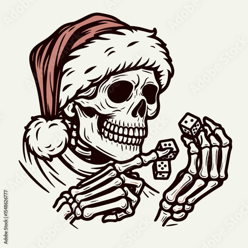  Skeleton wear santa hat holding a pair of dice rolling them. Christmas Xmas Holiday Winter New Year Claus Clipart Line Art Vector Illustration. Bony figure don yuletide cap grasp twin cube.