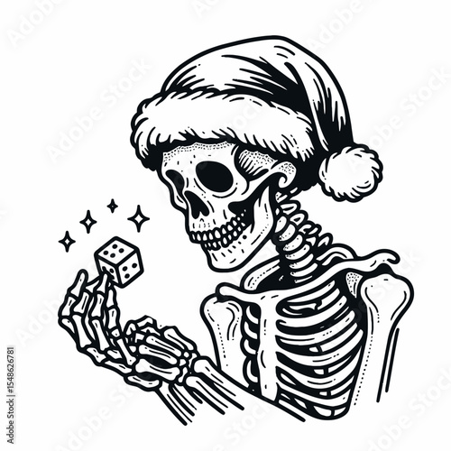 Skeleton wear santa hat holding a pair of dice rolling them. Christmas Xmas Holiday Winter New Year Claus Clipart Line Art Vector Illustration. Bony figure don yuletide cap grasp twin cube.