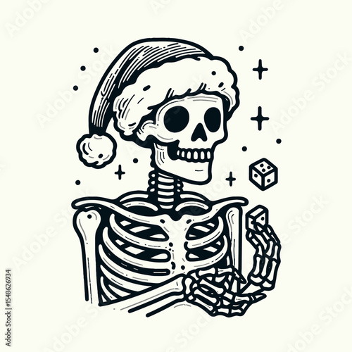 Skeleton wear santa hat holding a pair of dice rolling them. Christmas Xmas Holiday Winter New Year Claus Clipart Line Art Vector Illustration. Bony figure in festive headgear gripping duo.
