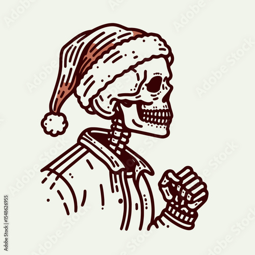  Skeleton wear santa hat Jogging. Christmas Xmas Holiday Winter New Year Claus Clipart Line Art Vector Illustration. Bony figure don cap going for run exercise season halloween.