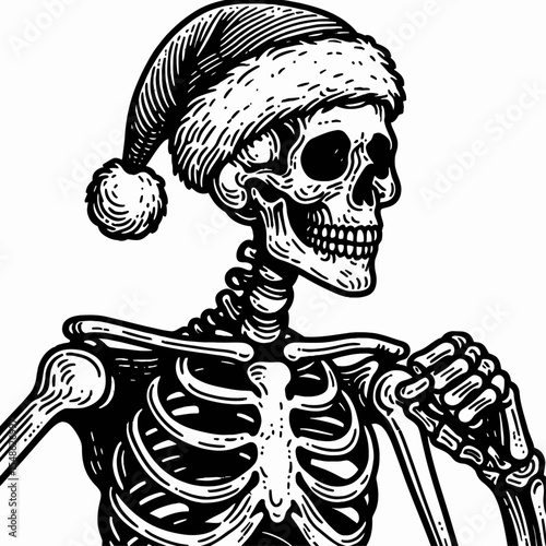  Skeleton wear santa hat Jogging. Christmas Xmas Holiday Winter New Year Claus Clipart Line Art Vector Illustration. Bony figure don festive headgear running doing workout having fun.